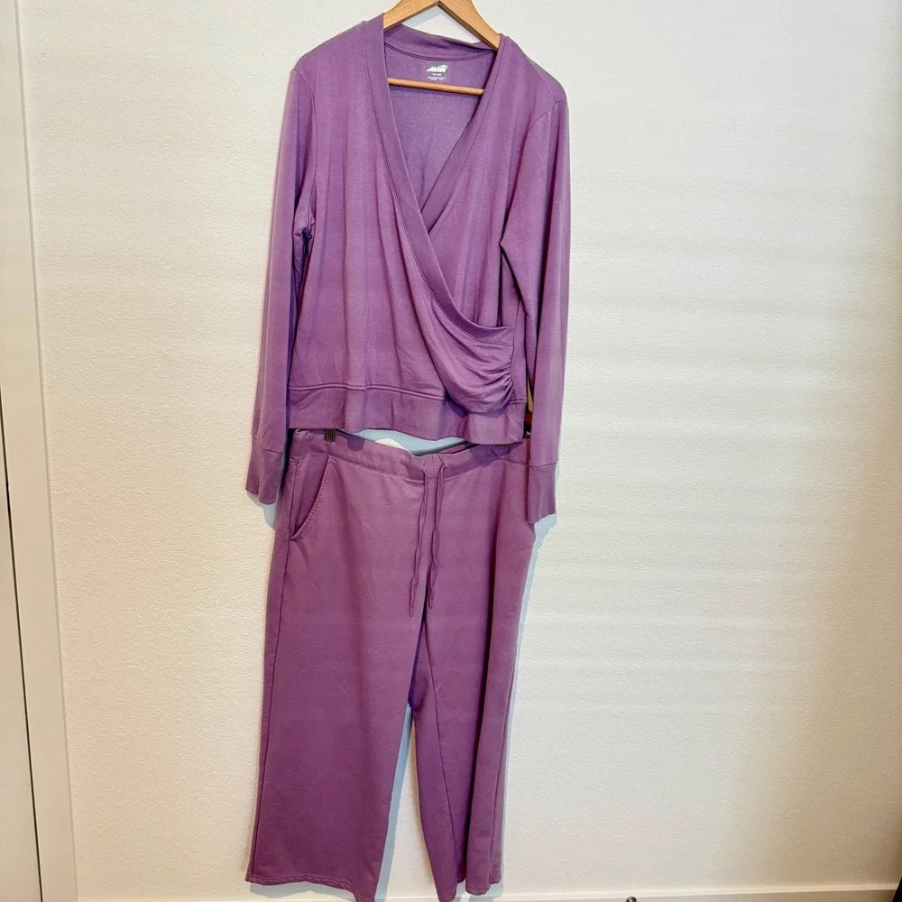 Avia Lounge Set Womens XL/XXL Purple Wrap Top Wide Leg Sweatpants